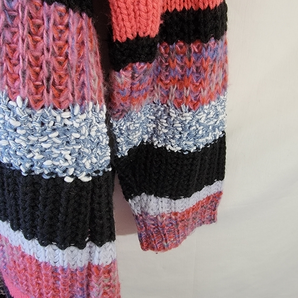 Women's Multicolored Striped Open Front Duster Cardigan L Boho Minimalist Pocket - Picture 10 of 11